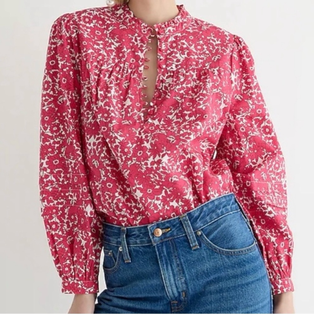 J. Crew Floral Popover Blouse Blushing Meadow Sz S NWT